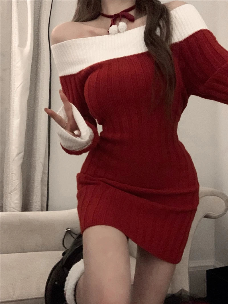 Sexy Red Christmas Dress Women Autumn Winter Korean Style Slash Neck Bodycon Knitted Dresses Female Elegant Y2k Party Mini Dress - Seprincess