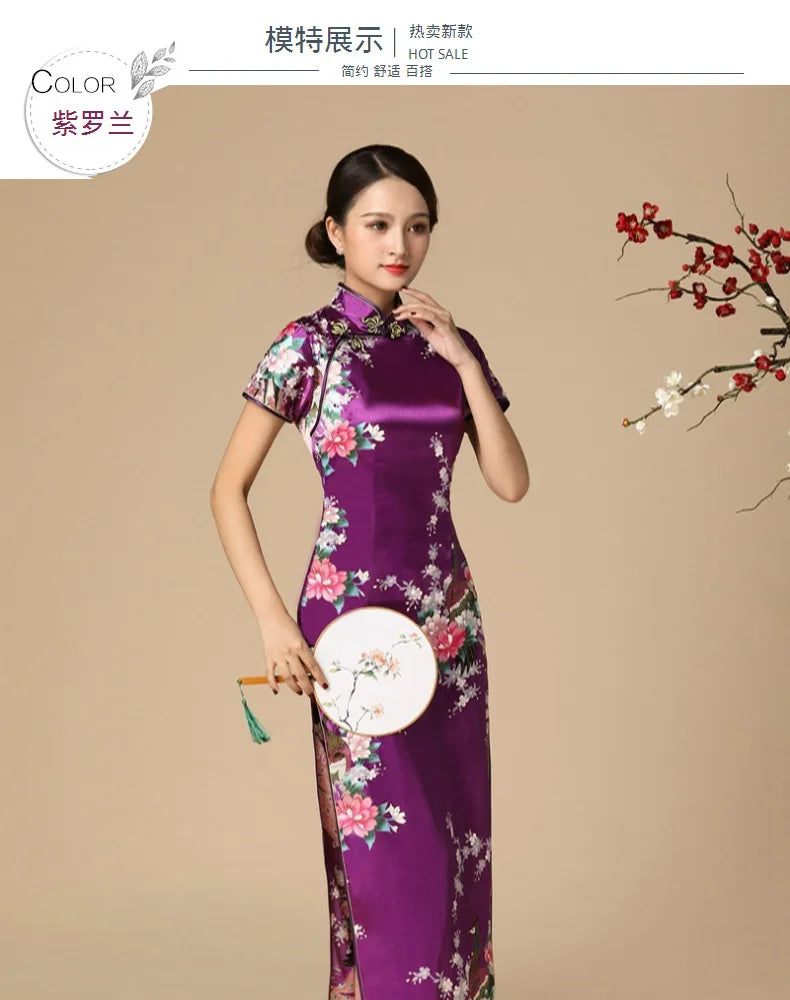 Sexy Cheongsam Chinese Tradition Style Dress Print Satin Qipao Lady Elegant Dresses Summer New Long Qipaos Plus Size 4Xl5Xl6Xl - Seprincess