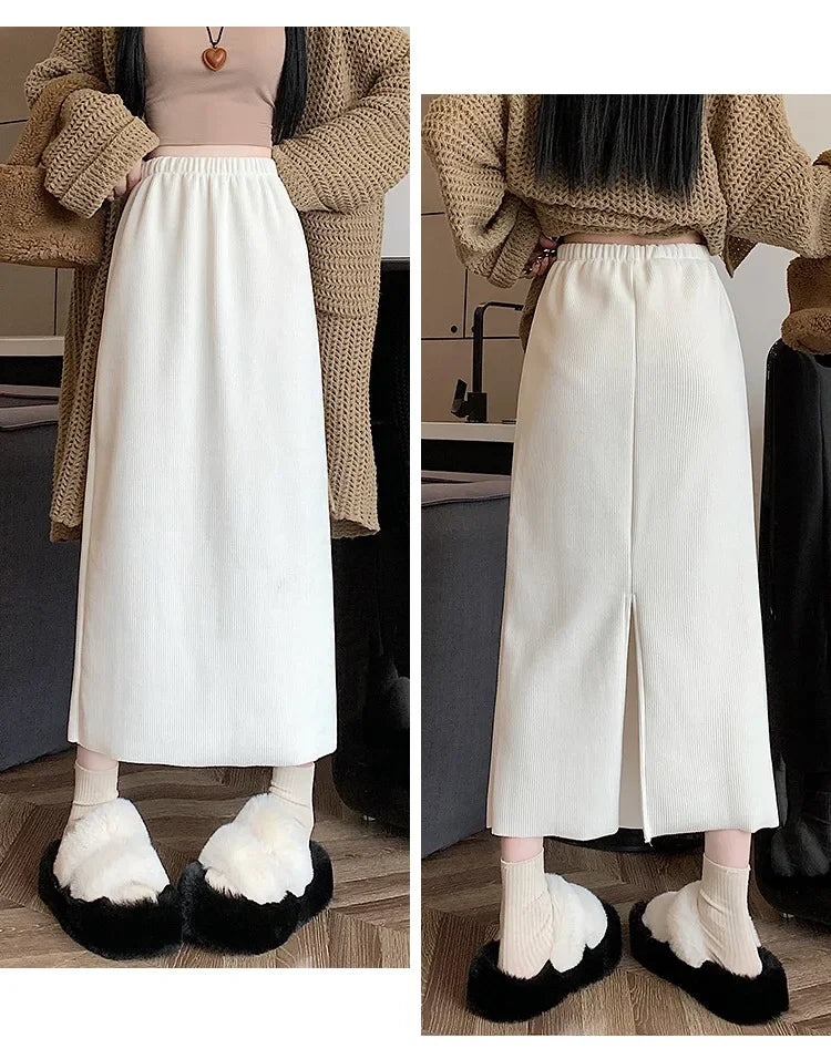 Thickened Fleece-Lined Corduroy Skirt Women's Autumn/Winter 2024 New Medium-Length A- Line Skirt With Side Slit High-Waisted