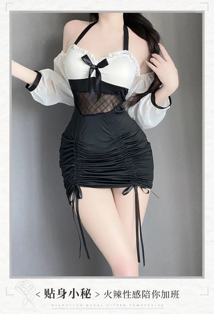 Sexy Female Secretary Chest Wrapping Drawstring Perspective Gauze Black White Splicing Puff Sleeve Bag Buttocks Dress Elegant NT - Seprincess