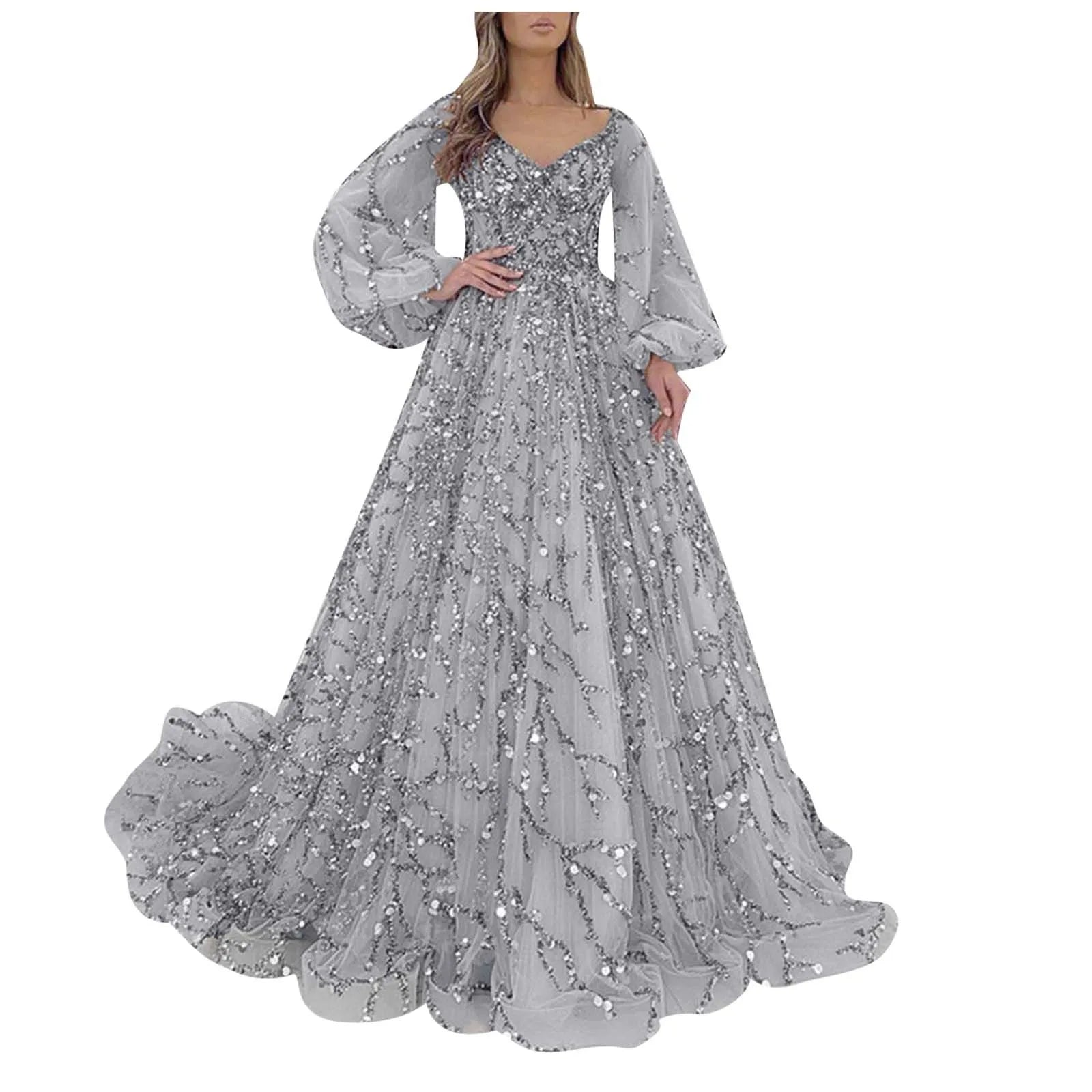 Women's Elegant Cocktail Party Dress Sequins Mesh Evening Dress Long Lantern Sleeve V-Neck Floor Length Luxury Dresses 2024 - Seprincess