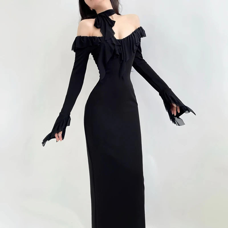 Xeemilo Black Mesh Ruffles Evening Dress Temperament Round Collar Slim Long Sleeve Maxi Dresses Women Elegant Party Club Robe - Seprincess