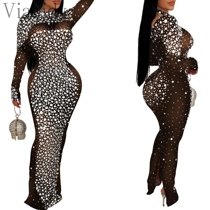 Women Sexy See Through Sheer Mesh Rhinestone Decor Long Sleeve Maxi Party Dress - Seprincess