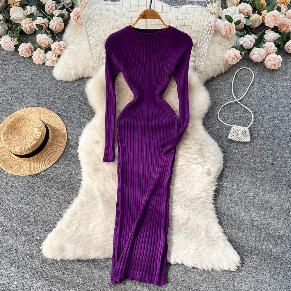 SINGREINY Winter Women Knit Maxi Dress O Neck Autumn Long Sleeve Slim Solid Harajuku Ladies Fashion Pencil Sweater Long Dresses - Seprincess