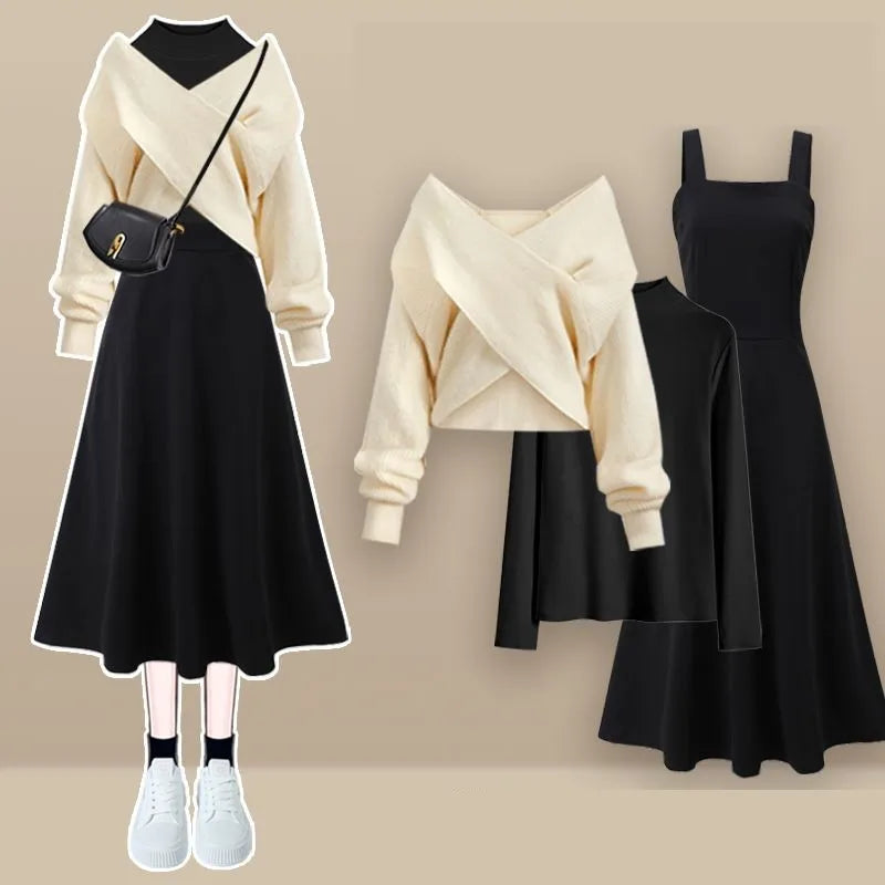 2023 Autumn/Winter New Korean Elegant Matching Set Women's Fashion Cross Knit Sweater+Bottom Shirt+Strap Dress Three Piece Suit - Seprincess