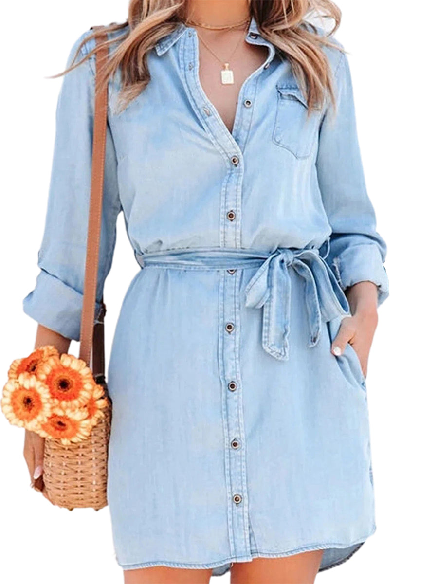 Fashion Women Casual Denim Dress Solid Color Long Sleeve Button-Down Lapel Short Dress with Belt Shirts Dress - Seprincess