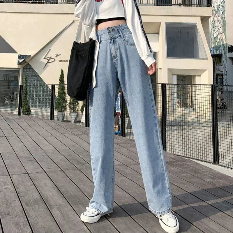 Woman High Waist Wide Leg Jeans Girls Fashion loose Straight Leg Pants Female Streetwear Light Blue Retro Blue Denim Trousers