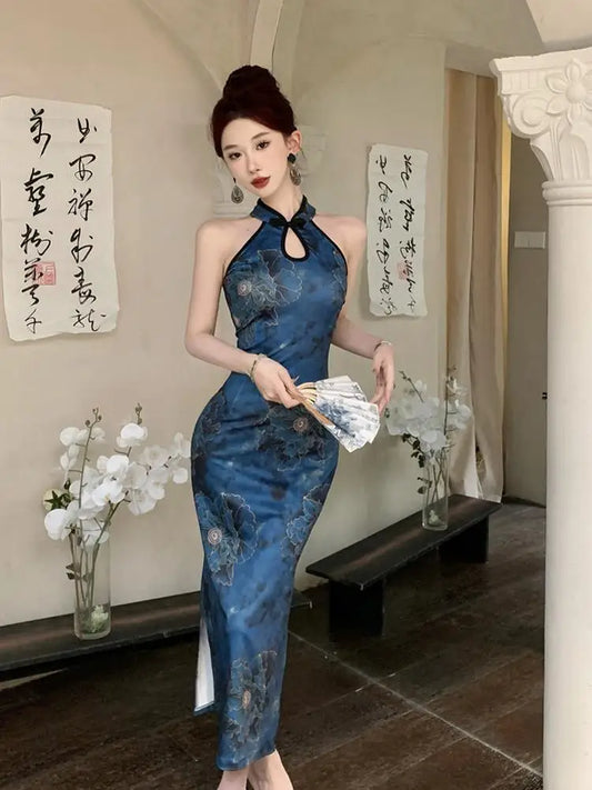 150kg Large Size Women's Qipao Halterneck Sleeveless Chinese Cheongsam Mandarin Collar Side Split Long Party Dress Slim Outfit - Seprincess