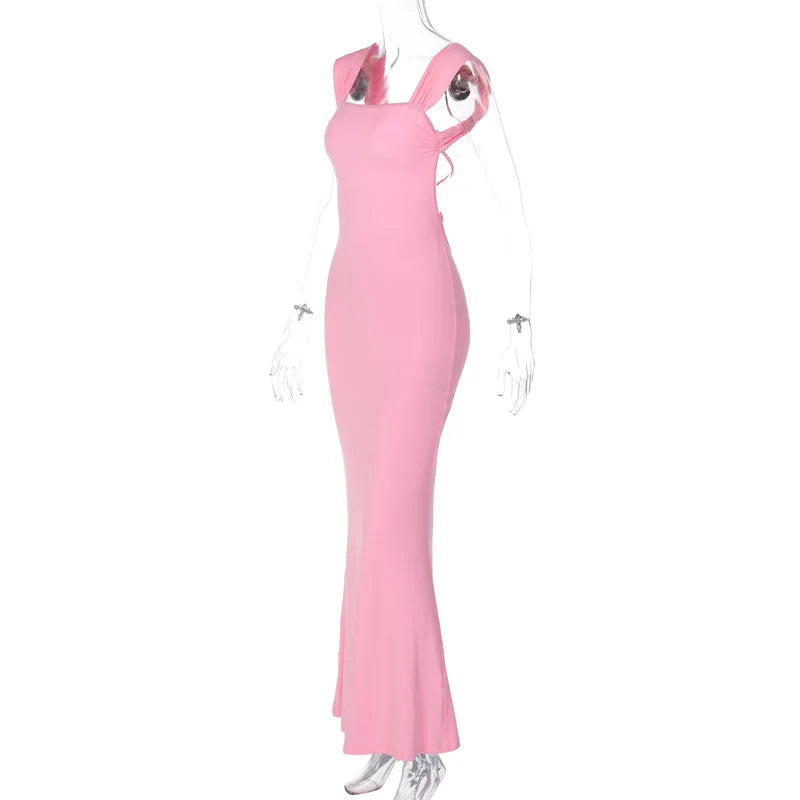 Dulzura Lace Up Backless Pink Long Dress For Women Bodycon Sexy Slim Strap Maxi Dress Party Elegant Birthday Evening Outfits - Seprincess