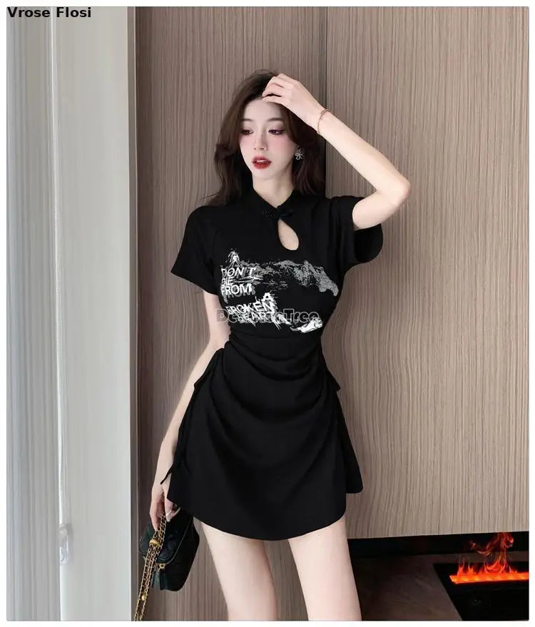 New 2024 Retro Daily Leisure Qipao Dress Chinese Style Printing Improved Cheongsam Fashionable Wrinkled Waist Design Thin Dress - Seprincess