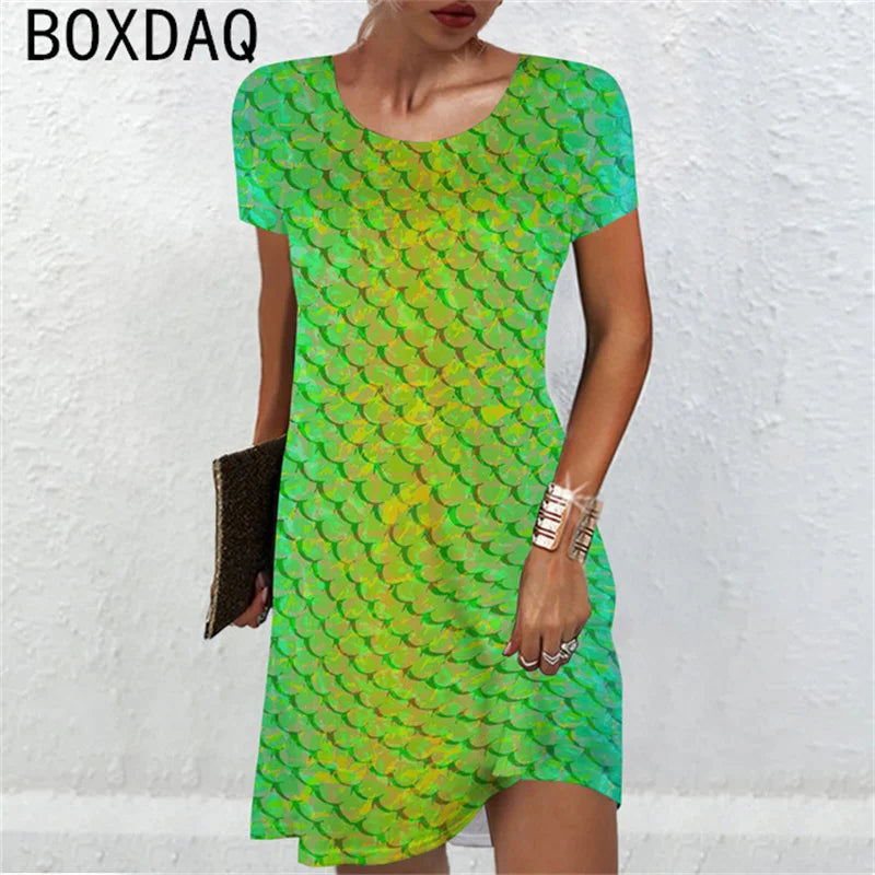 Women Short Sleeve O-Neck A-Line Mini Dress Sexy Snake Colorful Scale Pattern Printed Dress Large Size Lady Casual Sundress - Seprincess