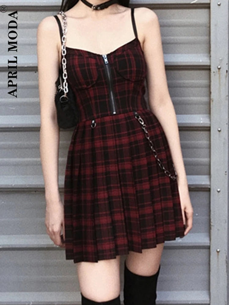 Gothic Girls Red Plaid Pleated Emo Alt Dress Y2K Zip Up Robe Femme Punk Black Spaghetti Strap Mini Short Jurken Goth Streetwear - Seprincess