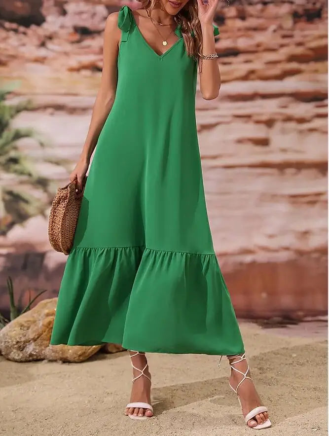 Summer 2024 Green V-neck Lace Up Dress Loose Casual Dress Long Dress Solid Bohemian Beach Skirt - Seprincess