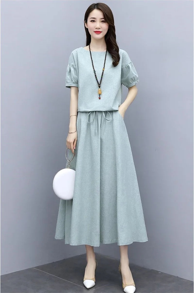 Cotton Linen Skirt Two-Piece Women's Summer 2024 New Set Slim Skirts Sleeve Suit Skirts Fashion 2PCS Temperament Female Outfit - Seprincess